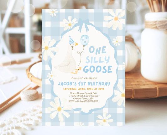 Editable One Silly Goose Birthday Invitation, Boy 1st Birthday Invite, Blue Printable Invite, Goose First Birthday Invite, Template, EPC04