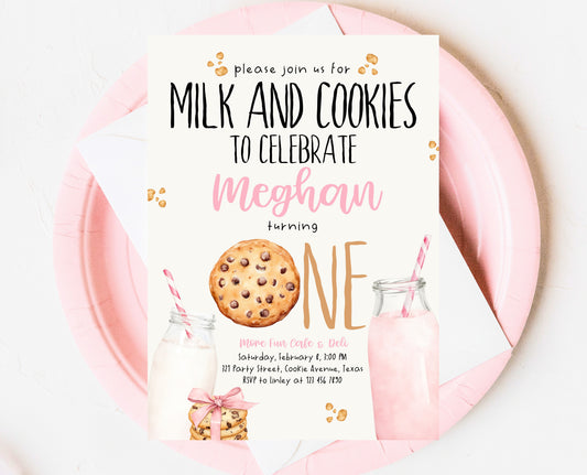 Editable Milk And Cookies Birthday Invitation, Pink Milk And Cookies First Birthday Invite, Printable Girl First Birthday Invite, GBP01