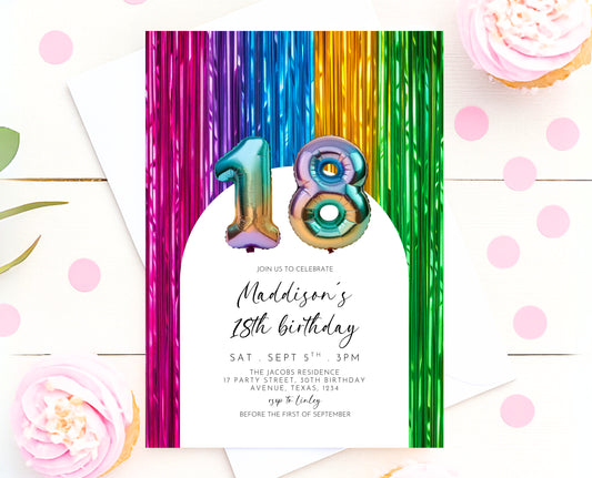 Editable 18th Birthday Invitation Rainbow Streamers Theme Colourful Fun Party Design Digital Template Instant Download Printable Invite