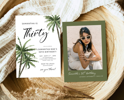 Editable Palm Birthday Invitation Template Folk Palm Trees Summer Party Beach Theme Watercolour Modern Instant Download Printable AB12