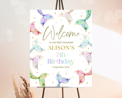 Editable Mermaid Tail Birthday Welcome Sign, Under the Sea Birthday Welcome Banner, Birthday Template, Pastel Rainbow Glitter Mermaid, GBP13