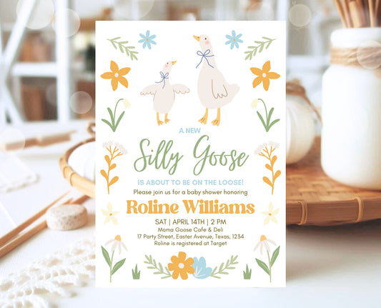 Editable Goose Baby Shower Invitation, A Silly Goose Baby Shower Invitation, Floral Whimsical Goose Invite, Easter Baby Shower Invite, EPC02
