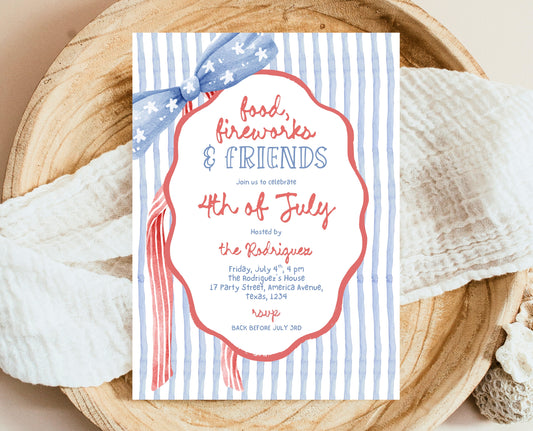 Editable Whimsical 4th Of July Invitation, Independence Day BBQ Invite, American Bow Invitation, July 4th BBQ Invite, July Fourth Invite