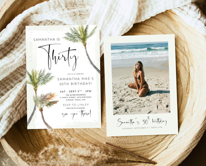 Editable Palm Birthday Invitation Template Folk Palm Trees Summer Party Beach Theme Watercolour Modern Instant Download Printable AB14