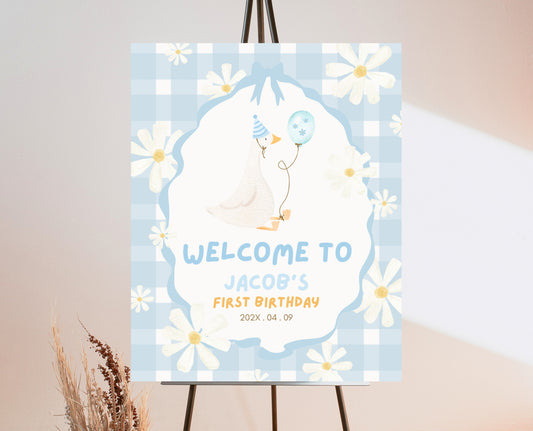 Editable One Silly Goose Birthday Welcome Sign, Boy 1st Birthday Sign, Blue Printable Sign, Goose First Birthday Welcome Banner Sign, EPC04
