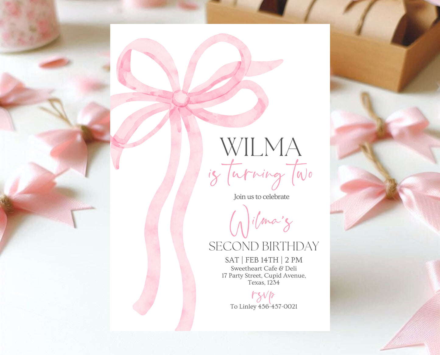 Editable Pink Bow Birthday Invitation, Girl First Birthday Printable, Pink Coquette Bow Invitation Birthday Girl Invite, Bow Invite, VDC12