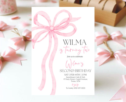 Editable Pink Bow Birthday Invitation, Girl First Birthday Printable, Pink Coquette Bow Invitation Birthday Girl Invite, Bow Invite, VDC12