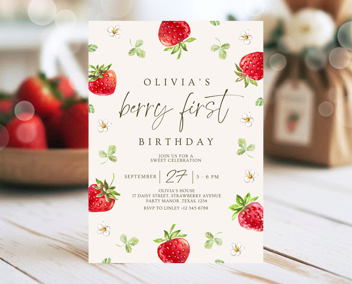 Editable Berry First Birthday Invitation, Strawberry 1st Birthday Girl Invite, Printable Strawberry First Birthday Girl Invitation, GBP04