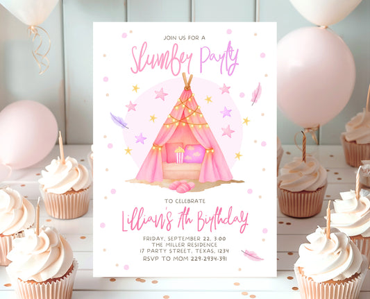 Editable Slumber Birthday Invitation Pink Glamping Spa Sleepover Party Movie Night Tween Teen Printable Template Instant Download GBP51