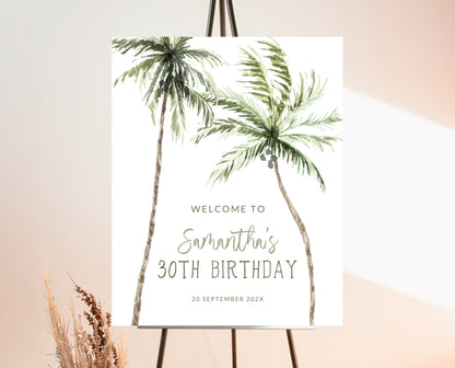 Editable Palm Birthday Welcome Sign Template Summer Beach Party Poster with Palm Trees Modern Watercolour Instant Download Printable AB11