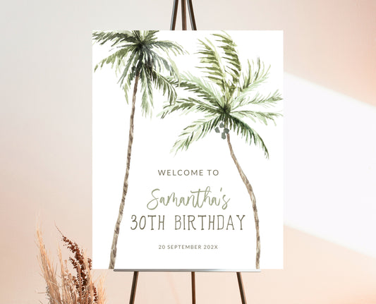Editable Palm Birthday Welcome Sign Template Summer Beach Party Poster with Palm Trees Modern Watercolour Instant Download Printable AB11