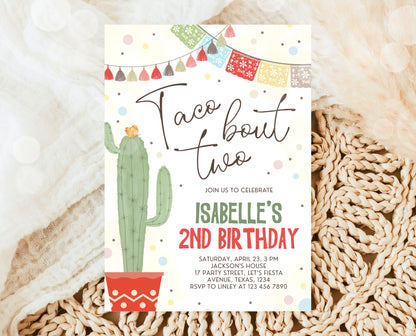 Editable Fiesta Taco Bout Two Birthday Invitation, 2nd Fiesta Birthday, Cactus Mexican Birthday, Fiesta Party Invite, BBP05