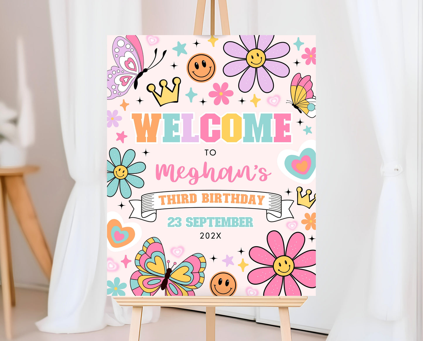 Editable Spring Birthday Welcome Sign, Patch Letter Girl Birthday, Varsity Patch Party Sign, Preppy Welcome Banner, Instant Download, GBP21