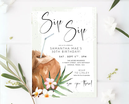 Editable Coconut Cocktail Birthday Invitation Tropical Beach Summer Party Modern Minimalist Printable Invite Template Instant Download