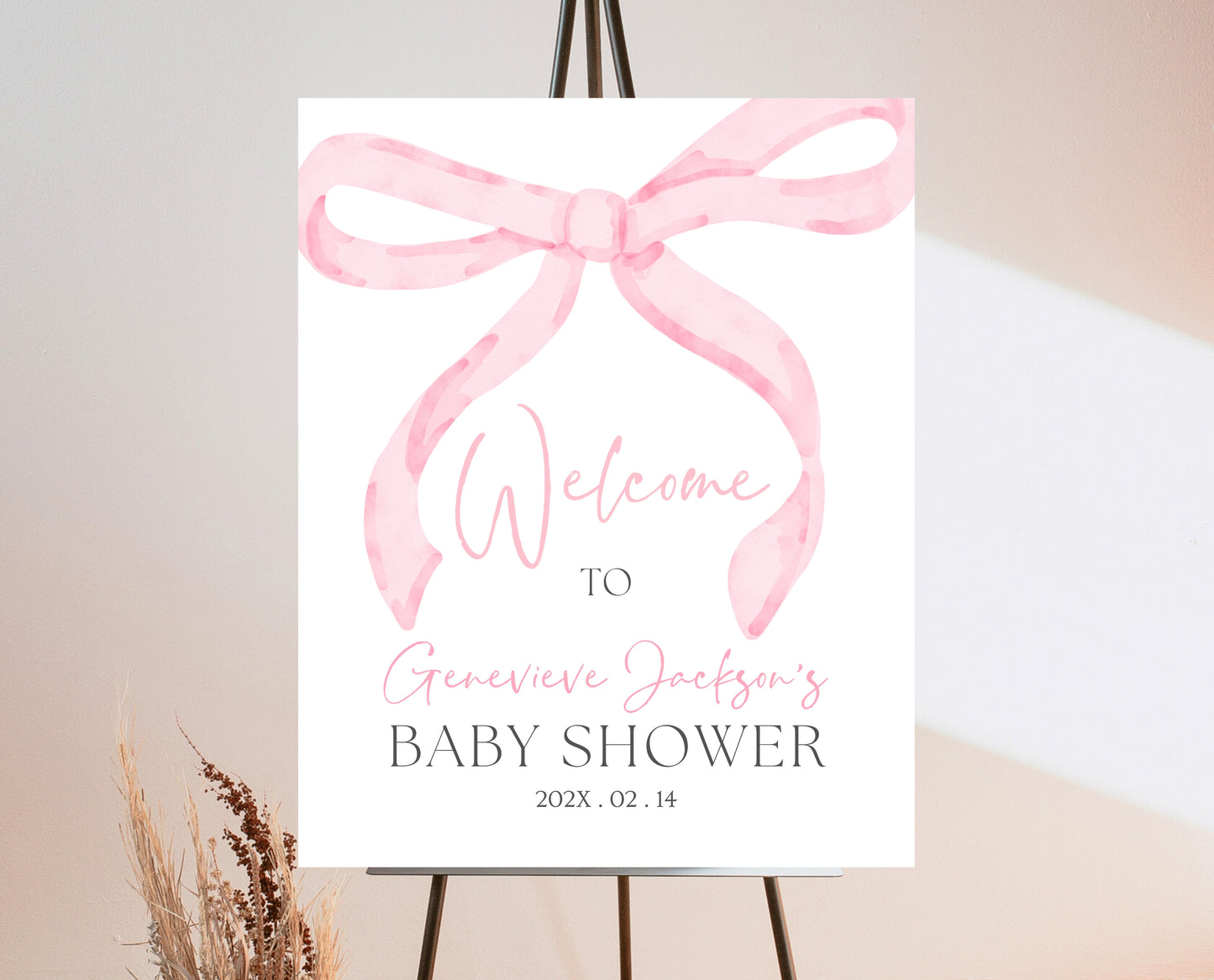 Editable Pink Bow Baby Shower Welcome Sign, Girl First Baby Shower Printable, Pink Coquette Bow Welcome Girl Sign, Bow Sign Decor, VDC12
