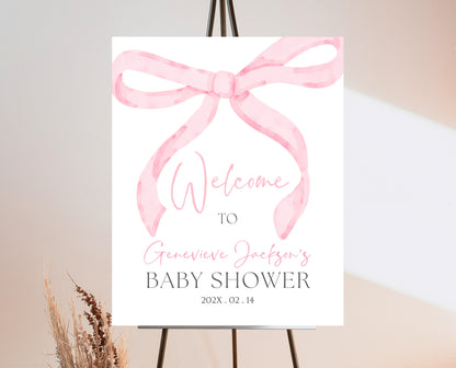 Editable Pink Bow Baby Shower Welcome Sign, Girl First Baby Shower Printable, Pink Coquette Bow Welcome Girl Sign, Bow Sign Decor, VDC12