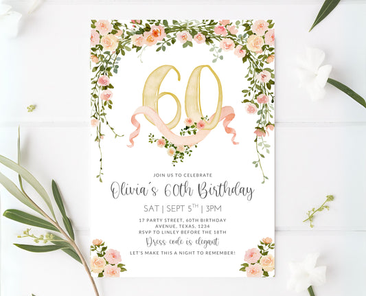 Editable 60th Birthday Invitation Blush Pink Gold Watercolor Roses Digital Template Modern Mobile Invite Instant Download Printable AB10