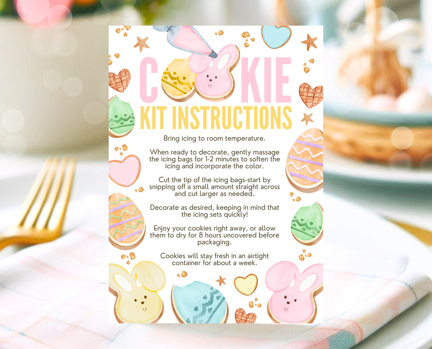 Editable Easter Cookie Kit Instructions Card, Decorate Your Own Easter Bunny Cookie, Cookie Decorating Kit DIY, Printable, Instant Download