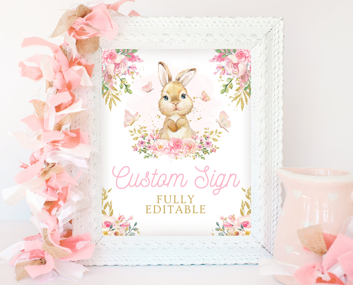 Editable Bunny Baby Shower Custom Sign, Pink Gold Bunny, Girl Floral Bunny Baby Shower, Spring Rabbit Baby Shower Fully Editable Sign, EPC10