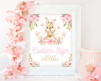 Editable Bunny Baby Shower Custom Sign, Pink Gold Bunny, Girl Floral Bunny Baby Shower, Spring Rabbit Baby Shower Fully Editable Sign, EPC10