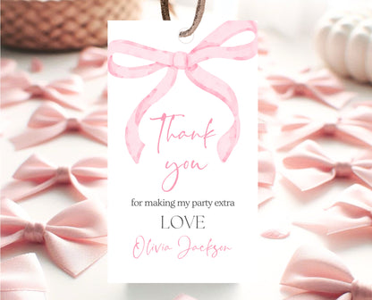 Editable Pink Bow Birthday Favor Tag, Girl First Birthday Printable, Pink Coquette Bow Girl Favor Gift Tag, Bow Tag, Instant Download, VDC12