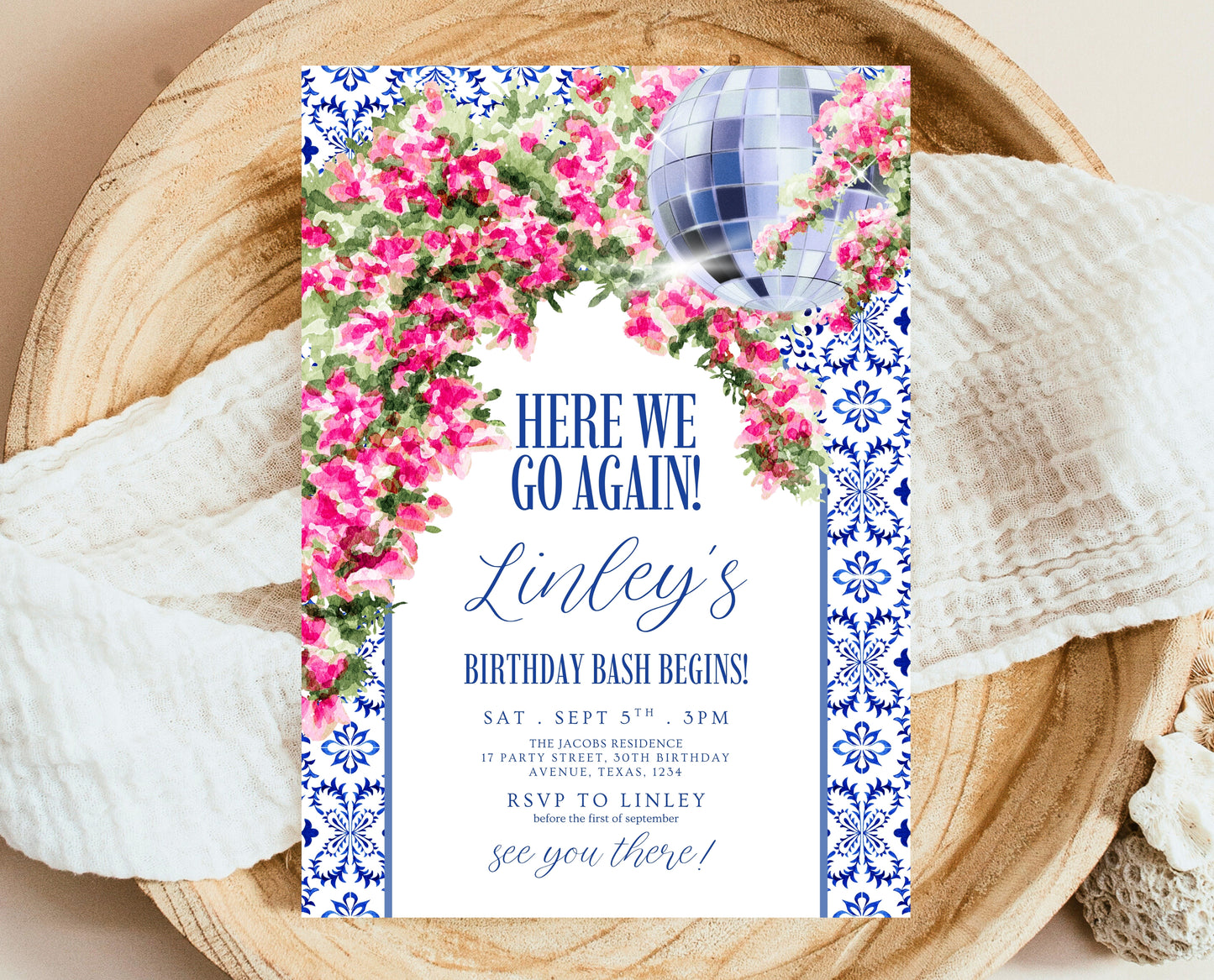 Editable Mediterranean Birthday Invitation Here We Go Again Disco Theme Digital Party Invite Template Fun Celebration Printable Invite AB19