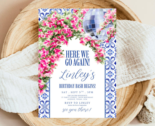 Editable Mediterranean Birthday Invitation Here We Go Again Disco Theme Digital Party Invite Template Fun Celebration Printable Invite AB19