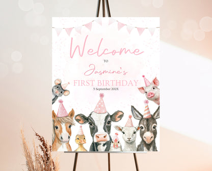Editable Farm Girl Birthday Welcome Sign, Pink Farm Birthday Party Decor, Calling All Party Animals, Pink Farm Animals Welcome Banner, GBP14