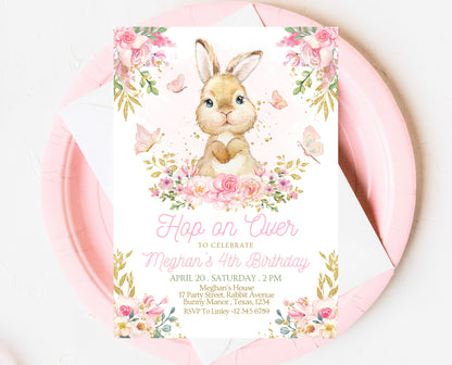 Editable Bunny Birthday Invitation, Pink Gold Some Bunny Birthday, Girl Floral Bunny Birthday, Spring Birthday Rabbit Birthday Invite, EPC09