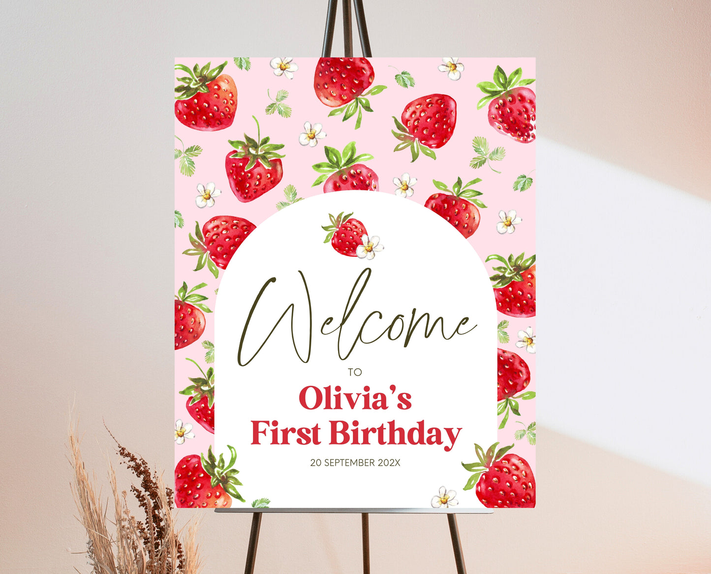 Editable Strawberry Birthday Welcome Sign, Strawberry Arch Birthday Girl Decor, Printable Boho Strawberry Birthday Welcome Banner, GBP05