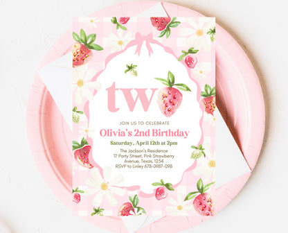 Editable Strawberry 2nd Birthday Invitation, Strawberry 2nd Birthday Girl Invite, Whimsical Strawberry 2nd Birthday Girl Invitation, GBP06