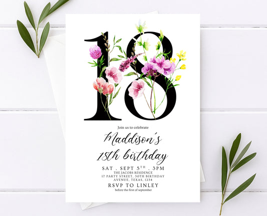 Editable 18th Birthday Invitation Minimalist Watercolour Floral Design Modern Adult Party Template Digital Printable Invite Instant Download