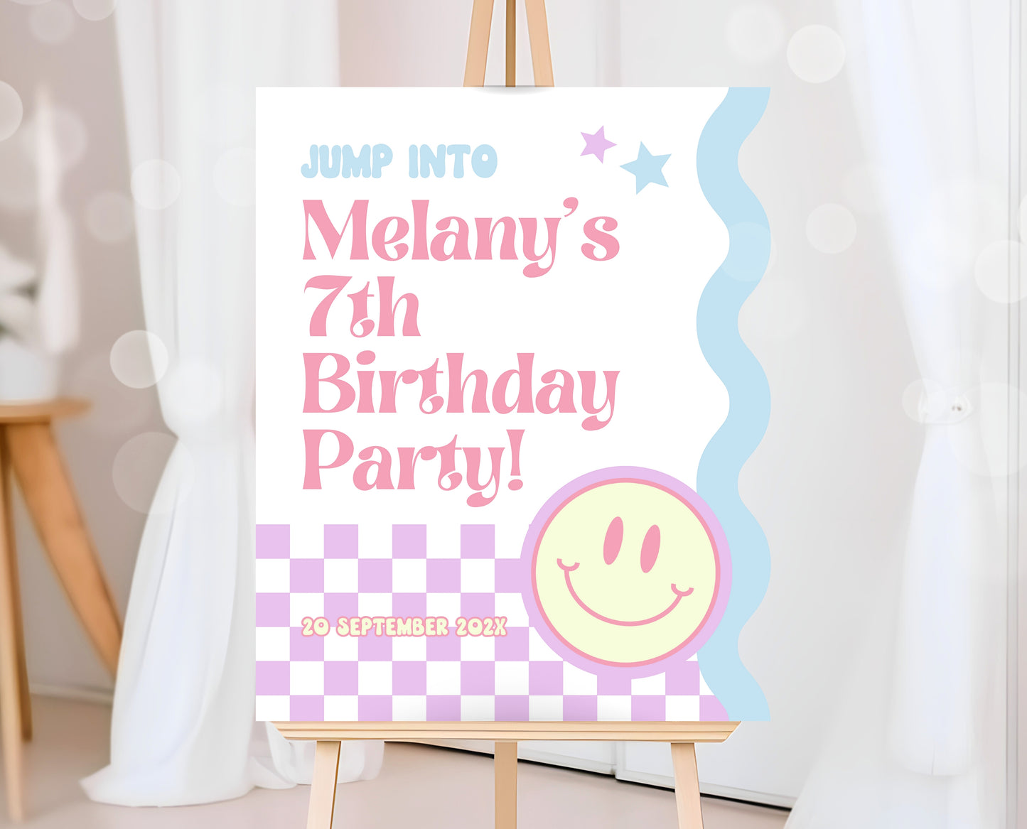 Editable Retro Smiley Birthday Welcome Sign, Preppy Smile Theme, Pink Checkered Smiley Birthday Sign, Retro Smiley Girl Welcome Sign, GBP17
