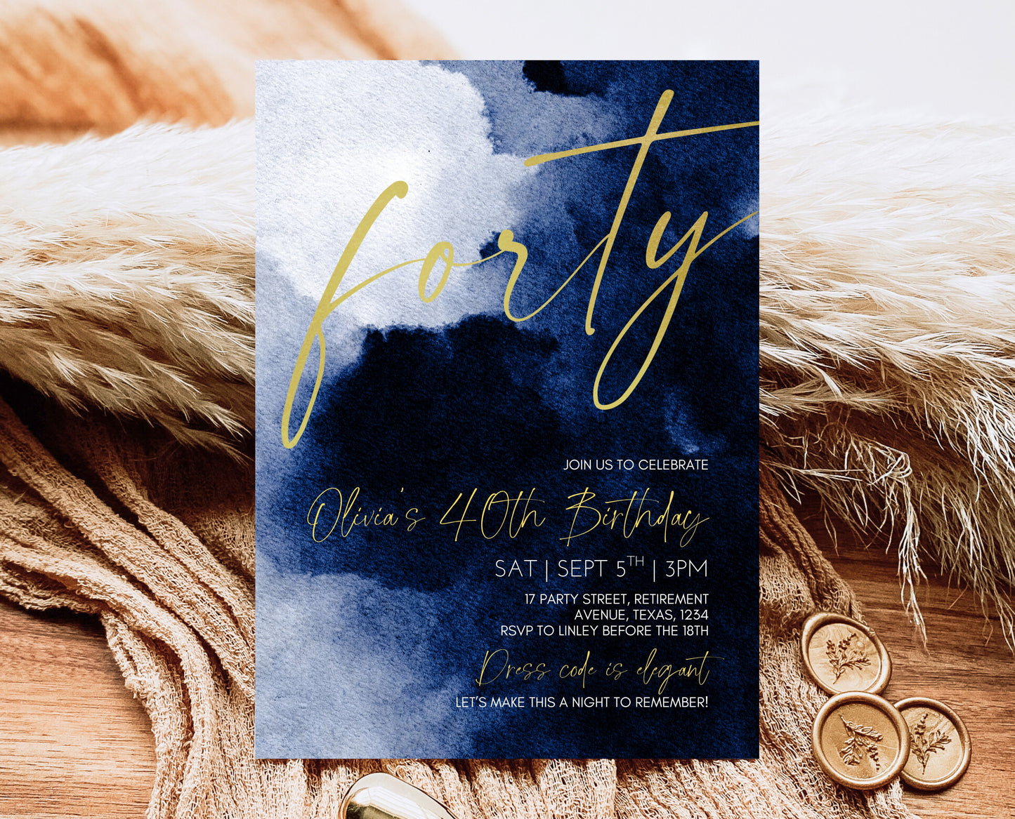 Editable 40th Birthday Invitation, 40th Forty Birthday Invite, Blue Gold 40th Birthday Decor, Fortieth Modern Invite, Instant Download, AB08