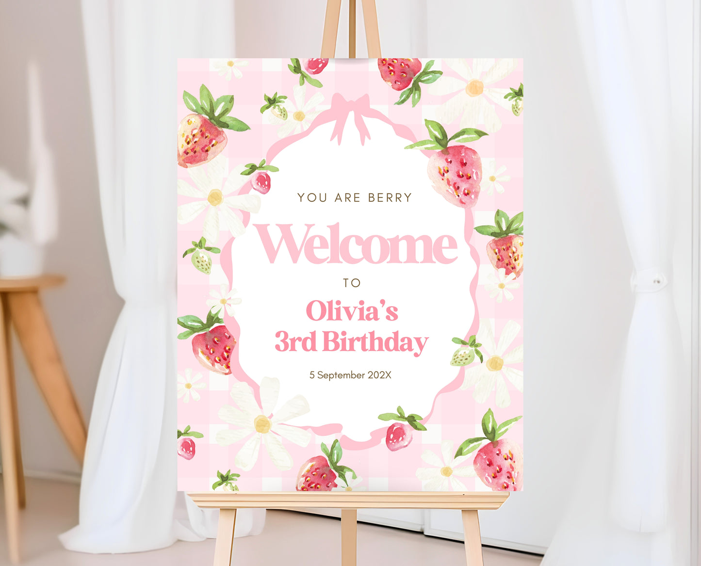 Editable Strawberry Birthday Welcome Sign, Whimsical Strawberry Birthday Girl, Printable Pink Strawberries Birthday Welcome Banner, GBP06
