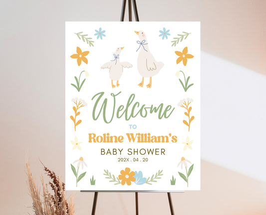 Editable Goose Baby Shower Welcome Sign, A Silly Goose Baby Shower, Floral Whimsical Goose Welcome Sign, Easter Baby Shower Theme, EPC02