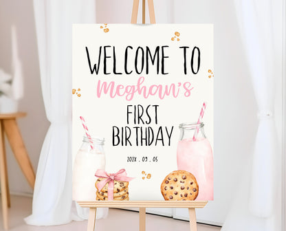 Editable Milk And Cookies Birthday Welcome Sign, Pink Milk And Cookies First Birthday, Printable Girl First Birthday Welcome Banner, GBP01