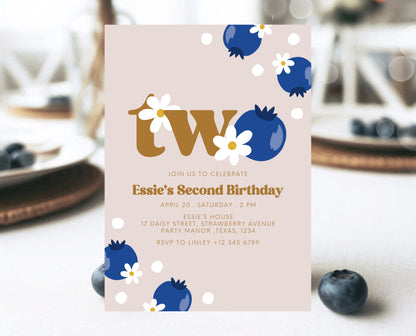 Editable Berry 2nd Birthday Invitation, Gold Blueberry 2nd Birthday Girl Invite, Printable Blueberry Second Birthday Girl Invitation, GBP03