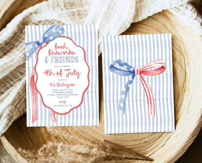 Editable Whimsical 4th Of July Invitation, Independence Day BBQ Invite, American Bow Invitation, July 4th BBQ Invite, July Fourth Invite
