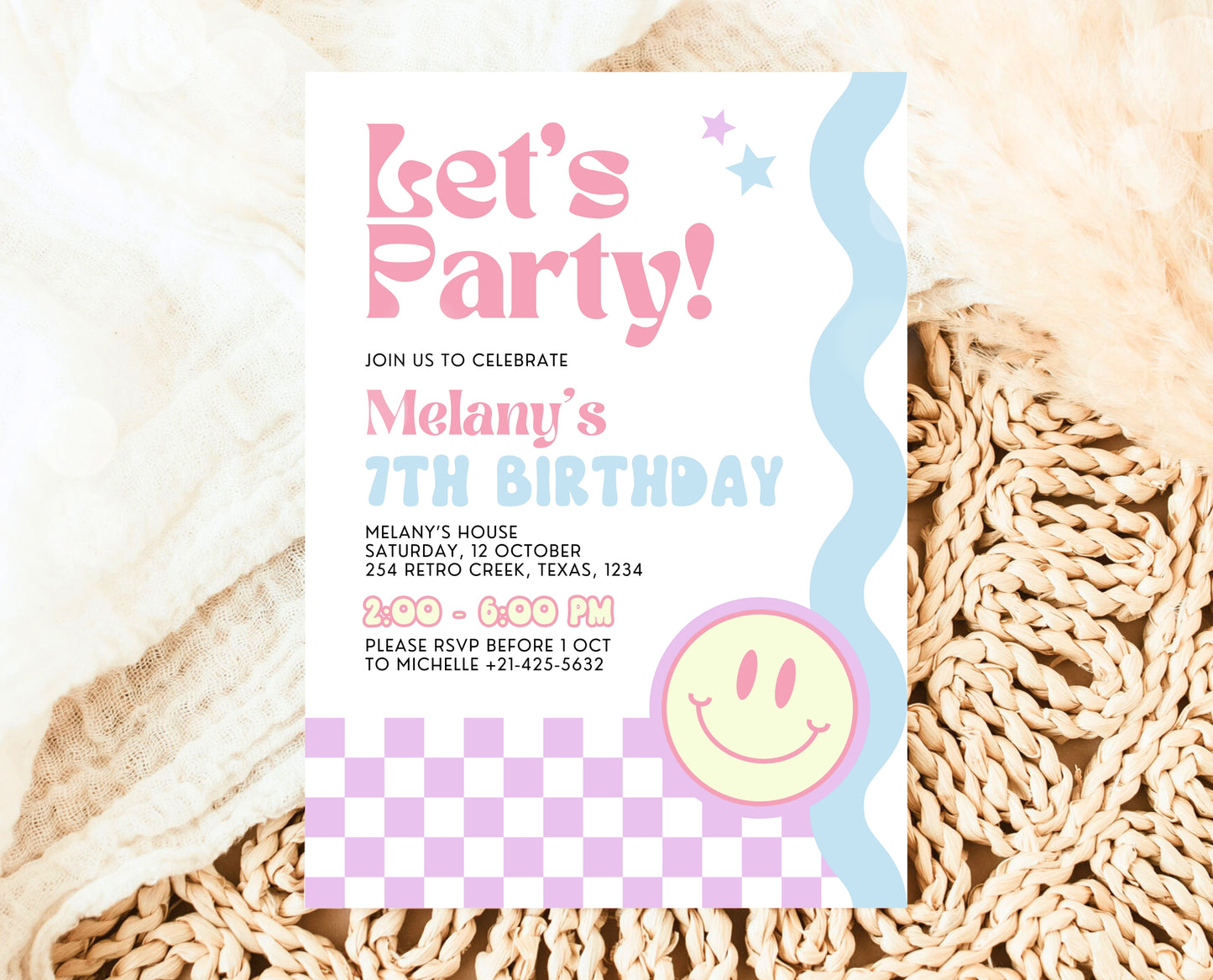 Editable Retro Smiley Birthday Invitation, Preppy Smile Theme Invite, Pink Checkered Smiley Birthday Invite, Retro Smiley Girl Invite, GBP17