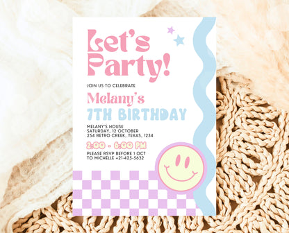 Editable Retro Smiley Birthday Invitation, Preppy Smile Theme Invite, Pink Checkered Smiley Birthday Invite, Retro Smiley Girl Invite, GBP17