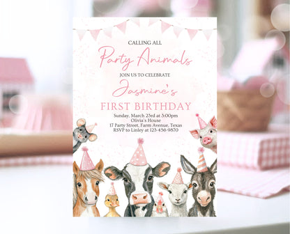Editable Farm Girl Birthday Invitation, Pink Farm Birthday Party Invite, Calling All Party Animals, Pink Farm Animals Birthday Invite, GBP14