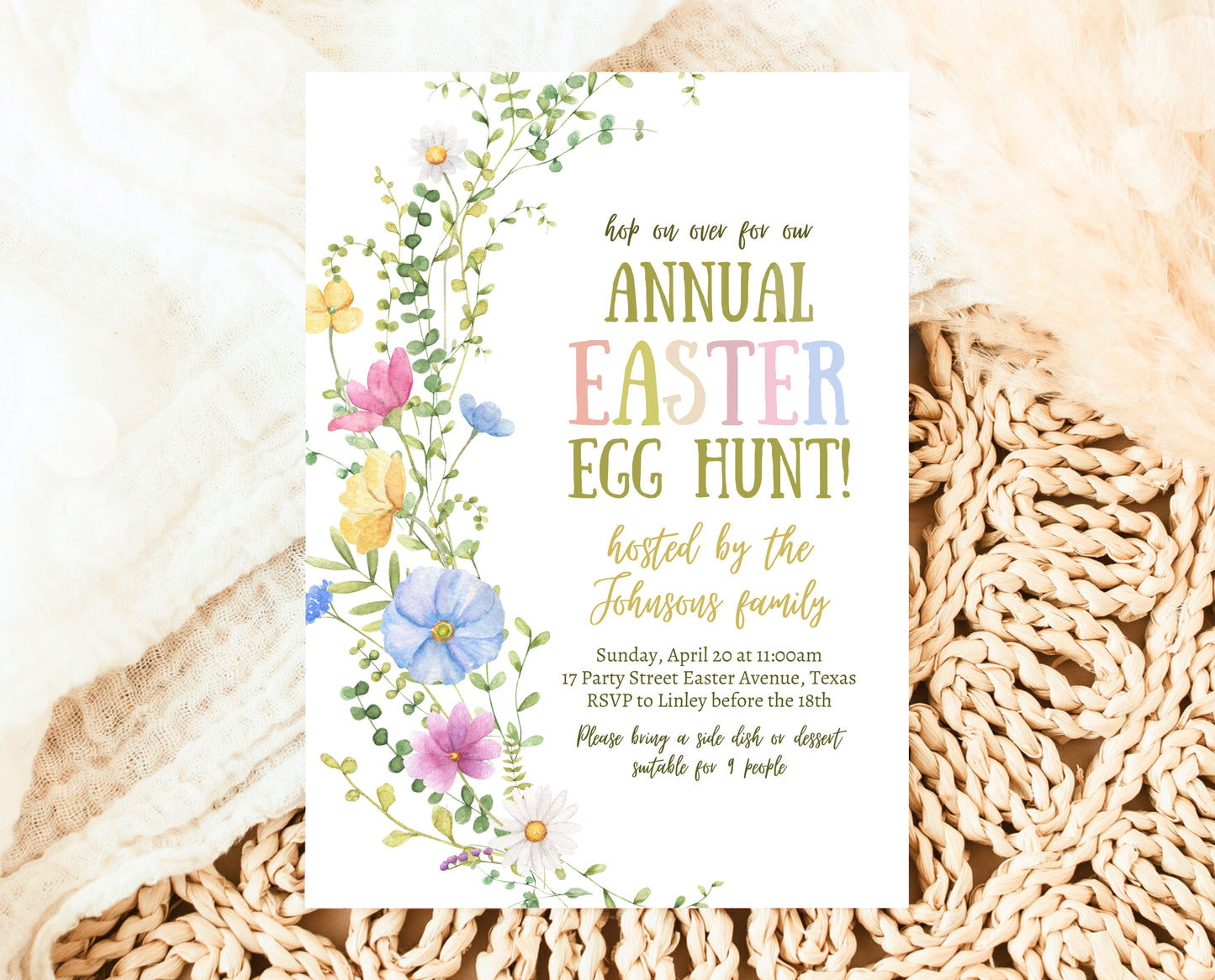 Editable Floral Easter Brunch Invitation, Printable Easter Party Invitation, Wildflower Easter Invite, Boho Floral Easter Brunch Invitation