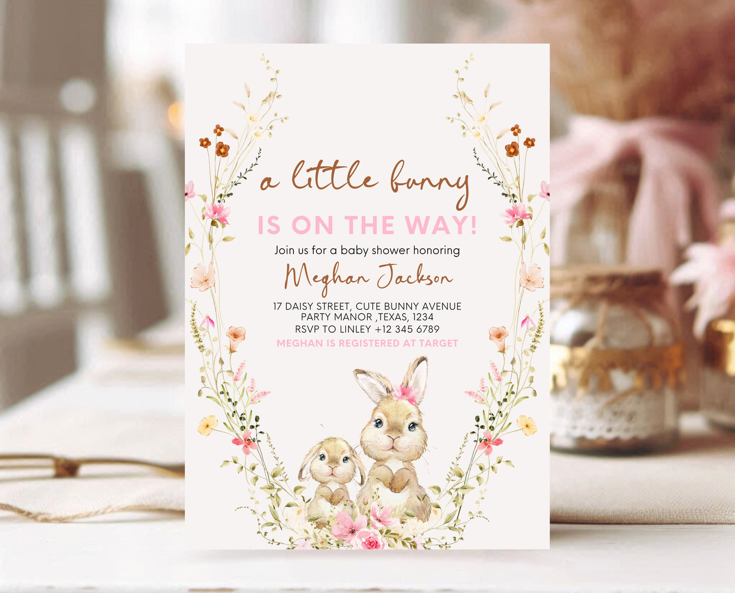 Editable Bunny Baby Shower Invitation, Spring Floral Bunny Invite, Girl Floral Bunny Baby Shower, Spring Rabbit Baby Shower Invite, EPC12