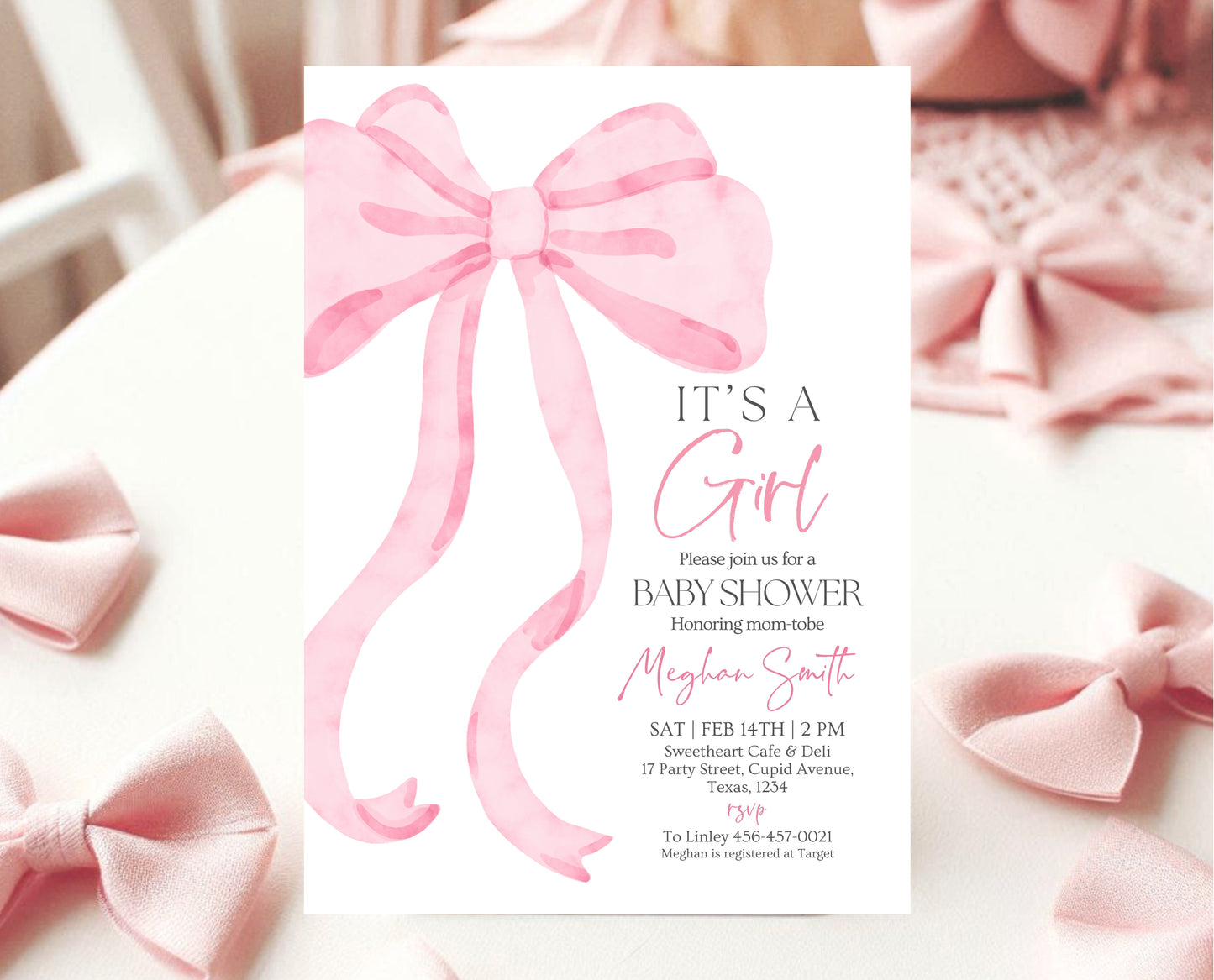 Editable Pink Bow Baby Shower Invitation, It's A Girl Baby Shower, Pink Coquette Bow Invitation Baby Shower Girl Invite, Bow Invite, VDC12