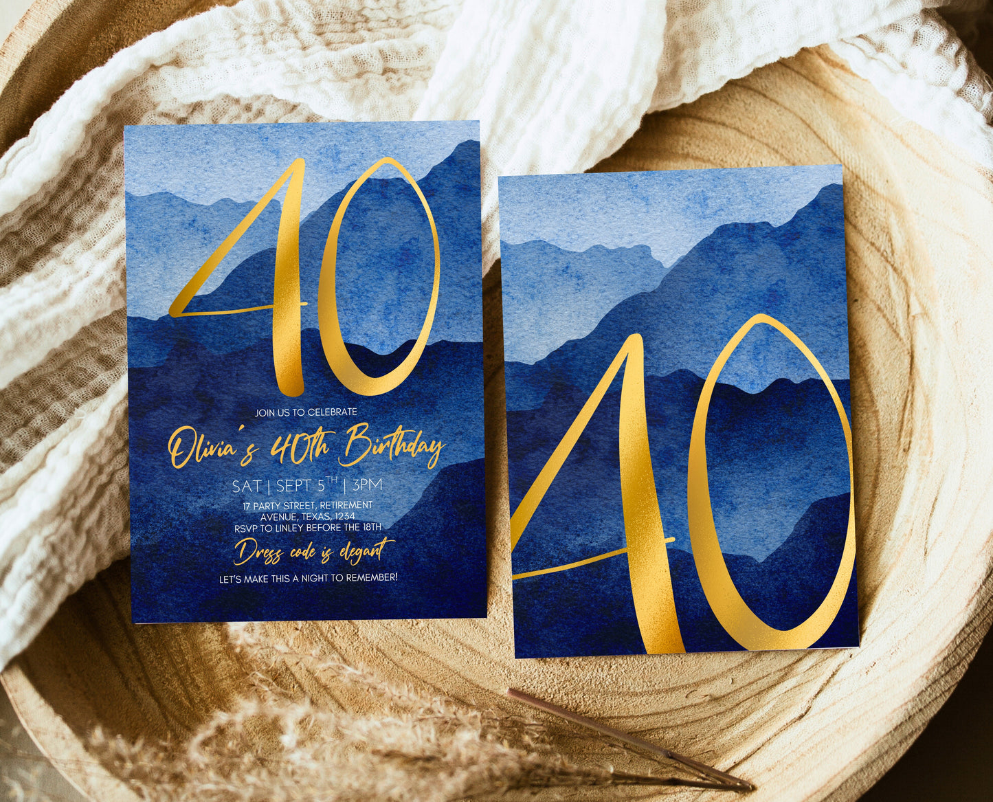 Editable 40th Birthday Invitation Blue Gold Digital Template Modern Mobile Invite for Him Instant Download Printable Party Design AB09