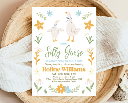 Editable Goose Baby Shower Invitation, A Silly Goose Baby Shower Invitation, Floral Whimsical Goose Invite, Easter Baby Shower Invite, EPC02