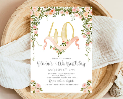Editable 40th Birthday Invitation Blush Pink Gold Template Floral Watercolor Roses Digital Invite Instant Download Printable Design AB10