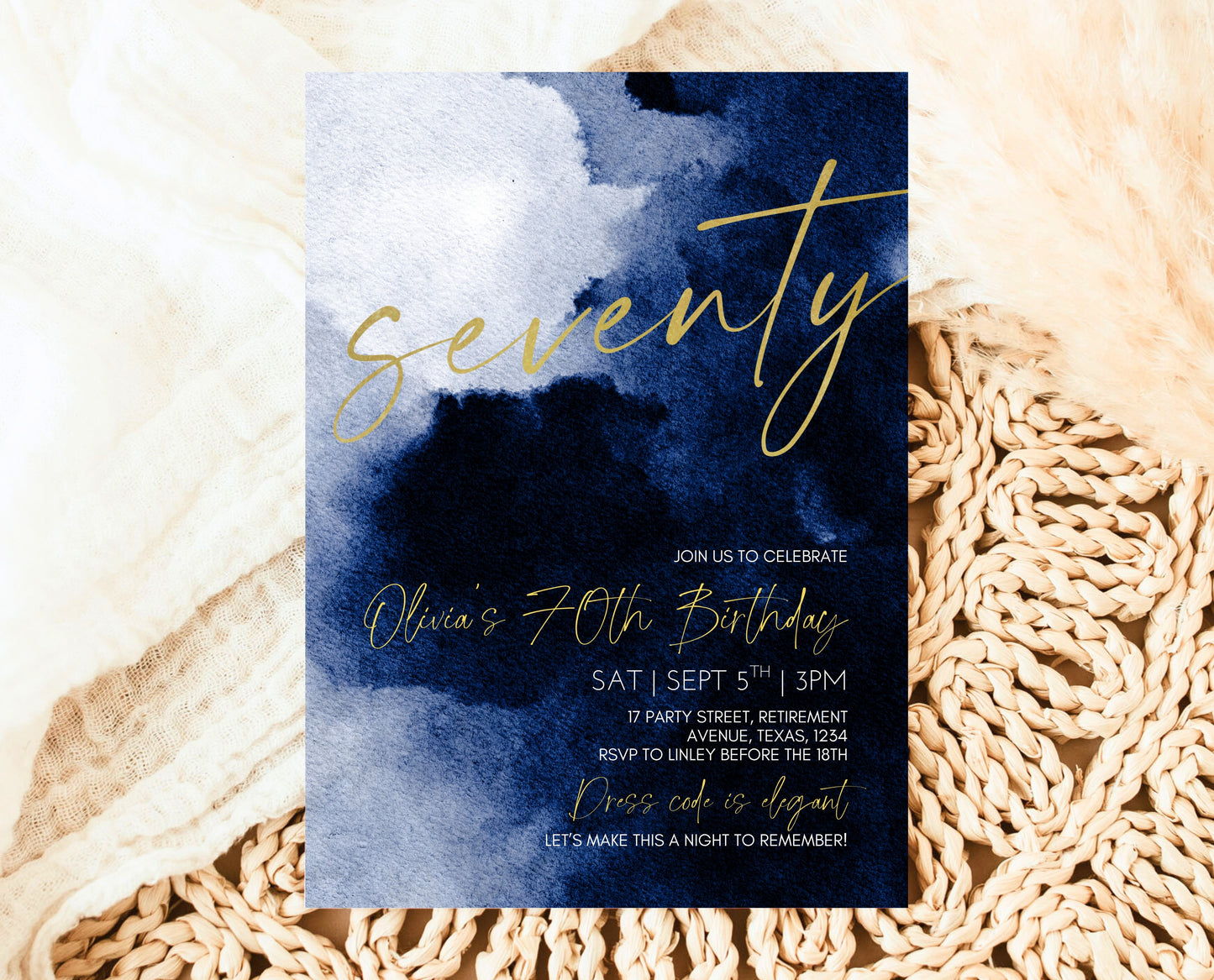 Editable 70th Birthday Invitation, Mobile 70th Birthday Invite, Blue Gold 70th Birthday Decor, Seventy Modern Invite, Instant Download, AB08