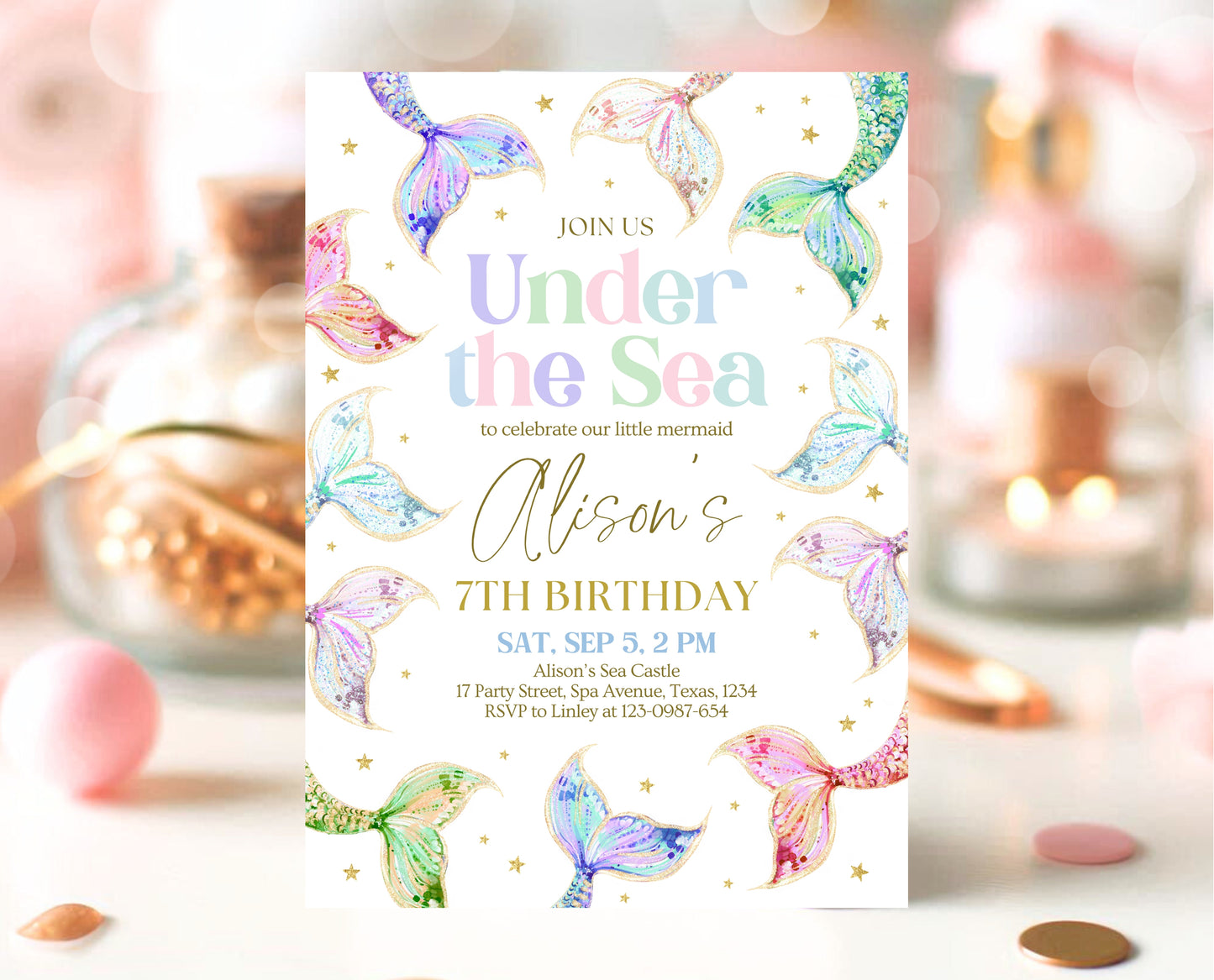 Editable Mermaid Birthday Invitation, Under the Sea Birthday Invitation, Birthday Template, Rainbow Pastel Glitter Mermaid Invite, GBP13